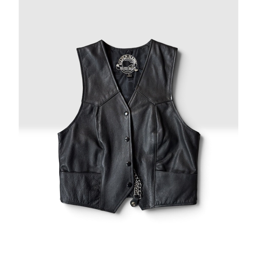Silver Hawk Women's Black Leather Vest Size Large Snap Front Biker Gear -2109